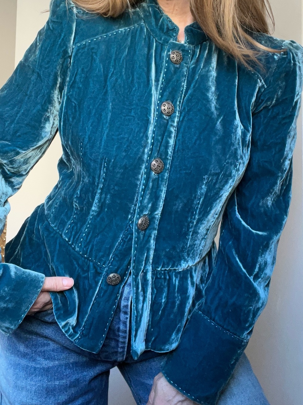Classiques Entier Teal Peplum Military Napoleon Puff Sleeve Jacket Size XS